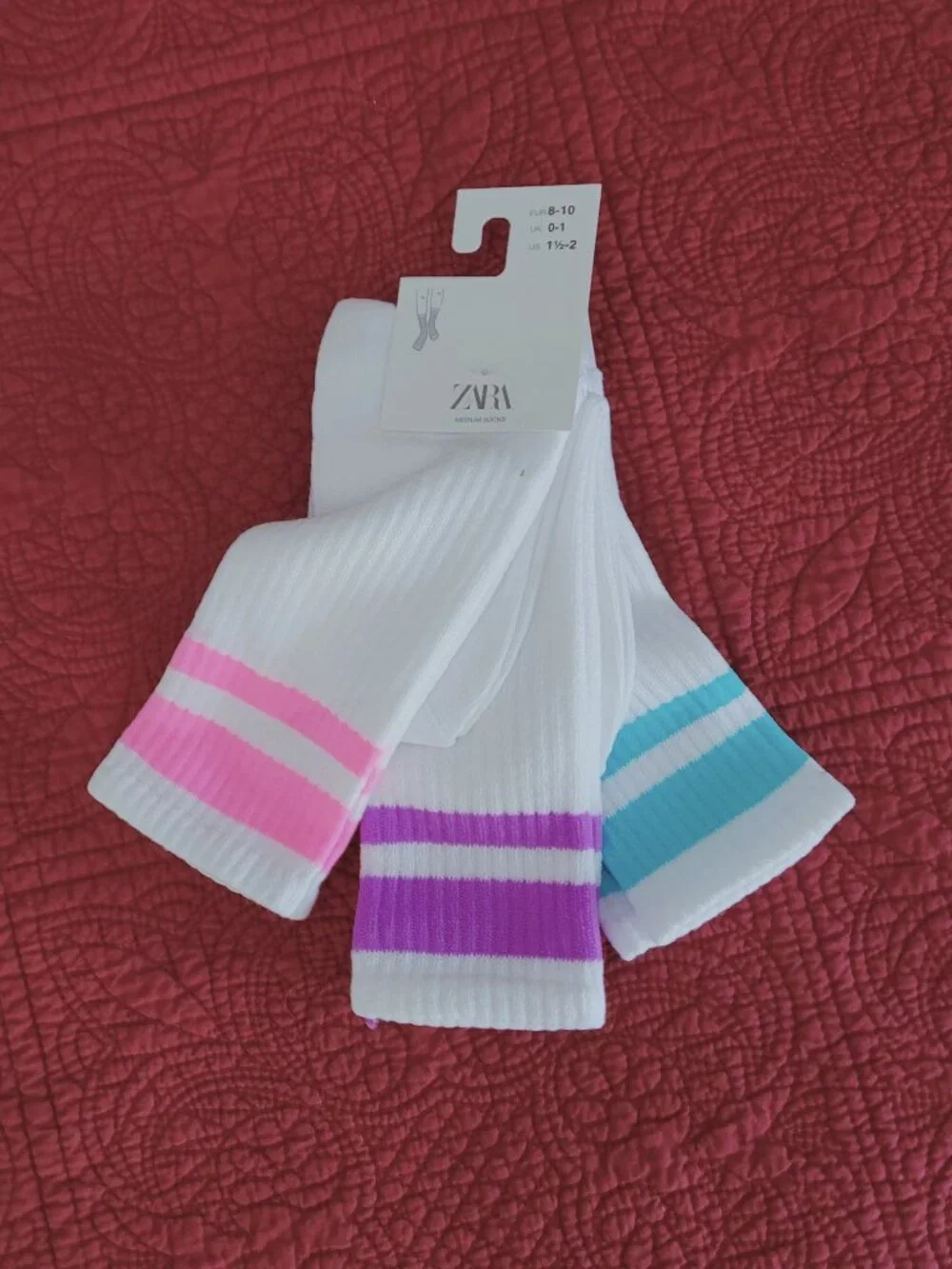 Zara NWT 3-Pack Florescent Striped White Tube Socks 1 1/2 - 2